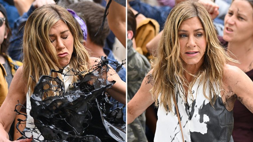 Jennifer Aniston Gets Drenched in Faux Oil During Intense ‘Morning Show’ Protest Scene!